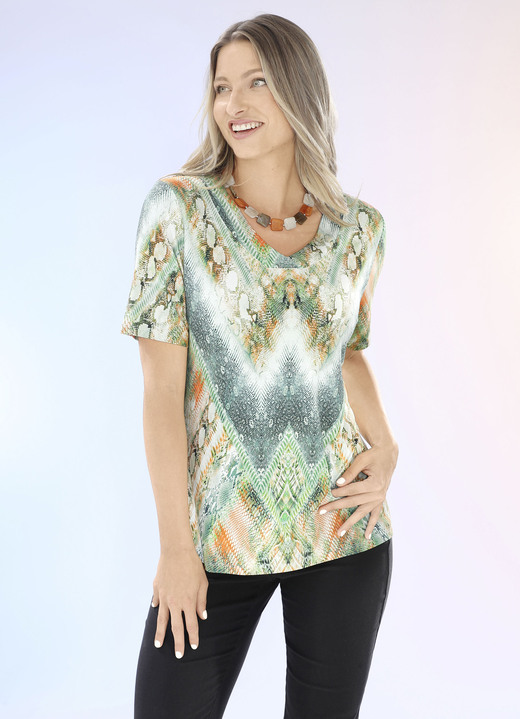 Kurzarm - Shirt mit V-Ausschnitt, in Größe 036 bis 052, in Farbe GRÜN-LILA-BUNT Ansicht 3