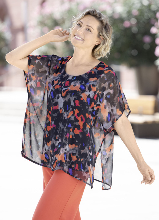 Kurzarm - Doppellagiges Shirt mit Chiffon-Überwurf Ansicht 2 Kurzarm - Doppellagiges Shirt mit Chiffon-Überwurf, in Größe 036 bis 052, in Farbe SCHWARZ-ORANGE-BLAU Ansicht 2