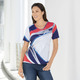 Kurzarm - Shirt mit silberfarbenem Glanzdruck – Farbe BLAU-ROT-GRAU – Ansicht 1 Kurzarm - Shirt mit silberfarbenem Glanzdruck, in Größe 036 bis 050, in Farbe BLAU-ROT-GRAU – Farbe BLAU-ROT-GRAU – Ansicht 1