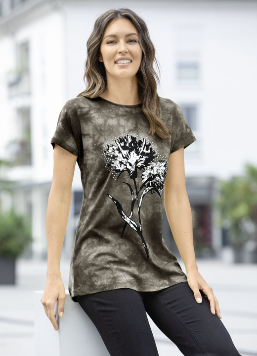 Shirts mit Strass - Shirt in Batik-Optik in 2 Farben Shirts mit Strass - Shirt in Batik-Optik in 2 Farben, in Größe 038 bis 054, in Farbe KHAKI BATIK
