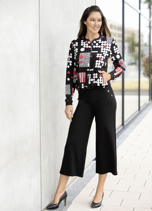 Langarm - Blusenjacke mit Rippenstrick, in Größe 036 bis 052, in Farbe SCHWARZ-WEISS-ROT Ansicht 3