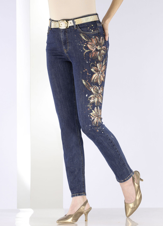 Hosen - Edel-Jeans mit handbemalten, floralen Motiven, in Größe 017 bis 052, in Farbe DUNKELBLAU Ansicht 3