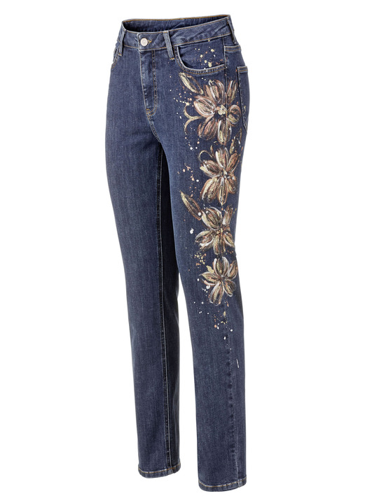 Hosen mit Knopf- und Reißverschluss - Edel-Jeans mit handbemalten, floralen Motiven, in Größe 017 bis 052, in Farbe DUNKELBLAU Ansicht 1