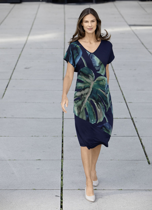 Kurzarm - Kleid mit Chiffon-Besatz Kurzarm - Kleid mit Chiffon-Besatz, in Größe 036 bis 052, in Farbe MARINE-GRÜN-BUNT