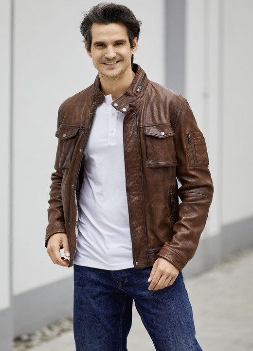 - Lederkurzjacke mit Stehkragen, in Größe 046 bis 062, in Farbe ANTIK TABAKBRAUN Ansicht 2