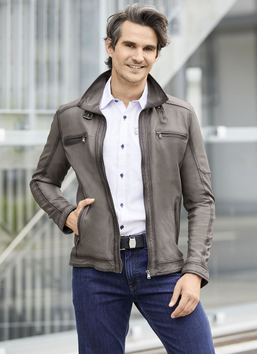 Lederjacken - Lederkurzjacke mit Steh-Umlegekragen Lederjacken - Lederkurzjacke mit Steh-Umlegekragen, in Größe 046 bis 062, in Farbe ANTIKGRAU