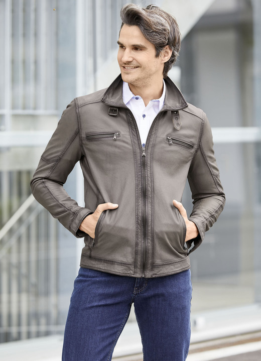 Lederjacken - Lederkurzjacke mit Steh-Umlegekragen Ansicht 2 Lederjacken - Lederkurzjacke mit Steh-Umlegekragen, in Größe 046 bis 062, in Farbe ANTIKGRAU Ansicht 2