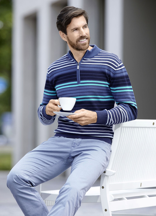 Gemustert - Gestreifter Troyer mit kurzem Reißverschluss, in Größe 046 bis 062, in Farbe MARINE-TÜRKIS Ansicht 2