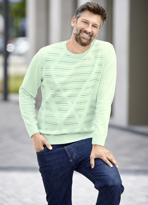 Gemustert - Rundhalspullover mit Strukturdessin in 3 Farben, in Größe 046 bis 062, in Farbe LIMETTE MELIERT Ansicht 2