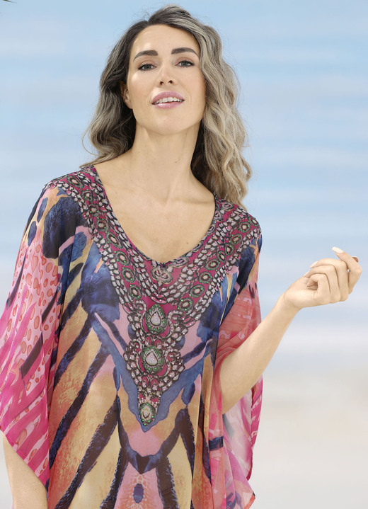 Wäsche - Laurina Kaftan mit Schmucksteinchen, leicht transparent, in Größe 1 (36-42) bis 3 (50-54), in Farbe KORALLE-BUNT Ansicht 2