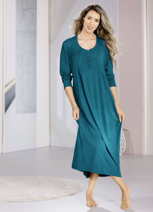 Nachthemden Langarm - Nachthemd, Langarm mit Biesenverarbeitung und Knopfleiste Ansicht 2 Nachthemden Langarm - Nachthemd, Langarm mit Biesenverarbeitung und Knopfleiste, in Größe 036 bis 056, in Farbe PETROL Ansicht 2