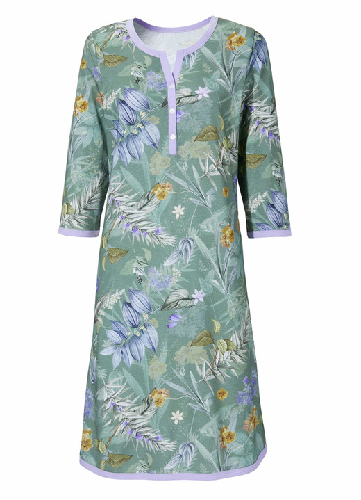 Nachthemden Langarm - Nachthemd, 3/4 lange Ärmel mit Serafino-Ausschnitt, in Größe 036 bis 054, in Farbe SALBEI-FLIEDER-BUNT Ansicht 2