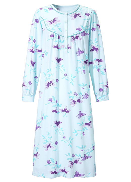 Nachthemden Langarm - Nachthemd, lange Knopfleiste und knöpfbare Bündchenabschlüssen, in Größe 038 bis 060, in Farbe AQUA-PFLAUME-BUNT Ansicht 2