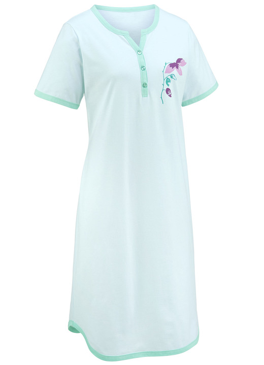 Kurzarm - Zweierpack Nachthemden, Knielang mit Knopfleiste und kurzen Ärmeln, in Größe 036 bis 054, in Farbe 1X AQUA, 1X AQUA-PFLAUME Ansicht 2