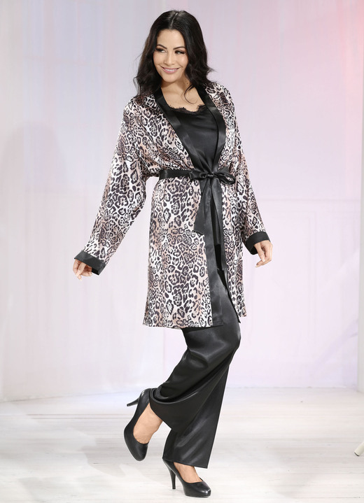 Dessous - Set, 3-teilig, bestehend aus Top, Hose und Kimono, in Größe 034 bis 054, in Farbe SCHWARZ-SAND Ansicht 2