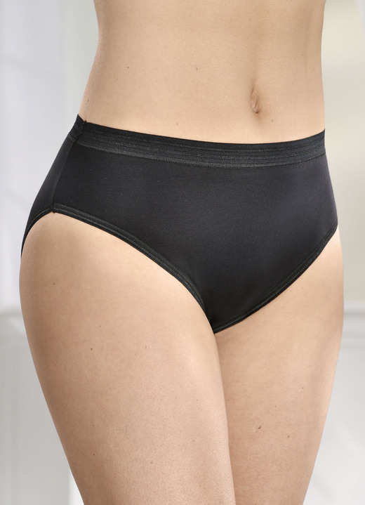 Slips - Fünferpack Slips mit glänzenden Abschlüssen Ansicht 2 Slips - Fünferpack Slips mit glänzenden Abschlüssen, in Größe 036 bis 052, in Farbe 3X SCHWARZ, 2X WEISS Ansicht 2