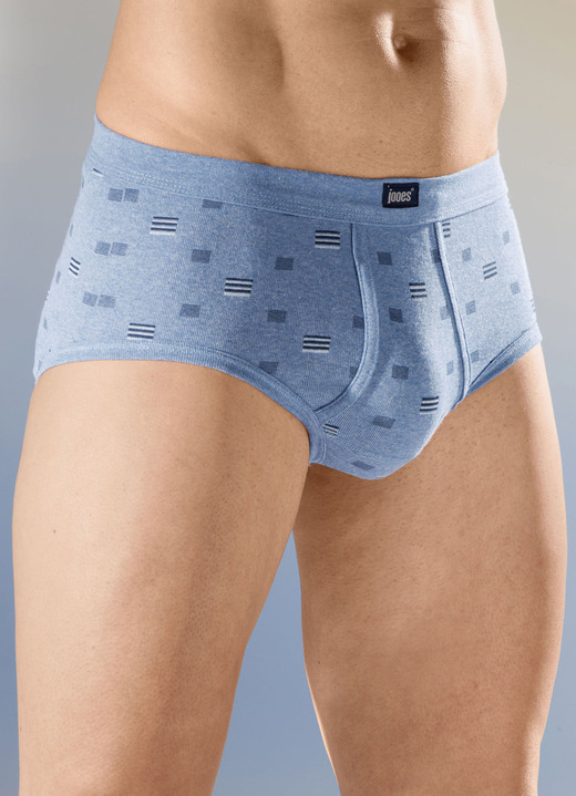 - Fünferpack Slips aus Feinripp, allover dessiniert, in Größe 005 bis 014, in Farbe 3X JEANSBLAU MELIERT-BUNT, 2X GRAU MELIERT-BUNT