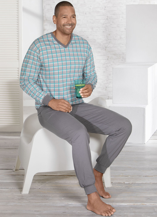 - Schlafanzug mit V-Ausschnitt und Bündchenabschlüssen, in Größe 048 bis 064, in Farbe GRAFIT-TÜRKIS Ansicht 2