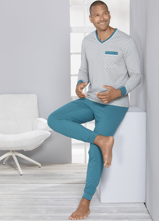 - Schlafanzug mit V-Ausschnitt und Bündchenabschlüssen, in Größe 048 bis 064, in Farbe HELLGRAU-PETROL