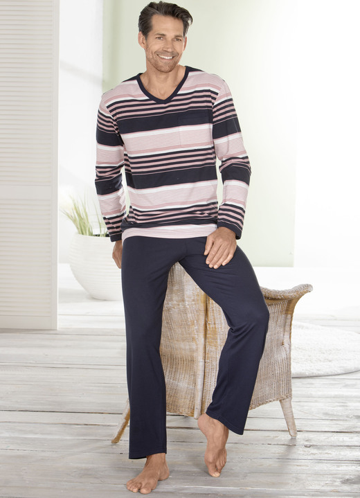 Schlafanzüge - Schlafanzug mit V-Ausschnitt und offenen Abschlüssen, in Größe 046 bis 062, in Farbe ROSENHOLZ-NAVY-ECRU Ansicht 2
