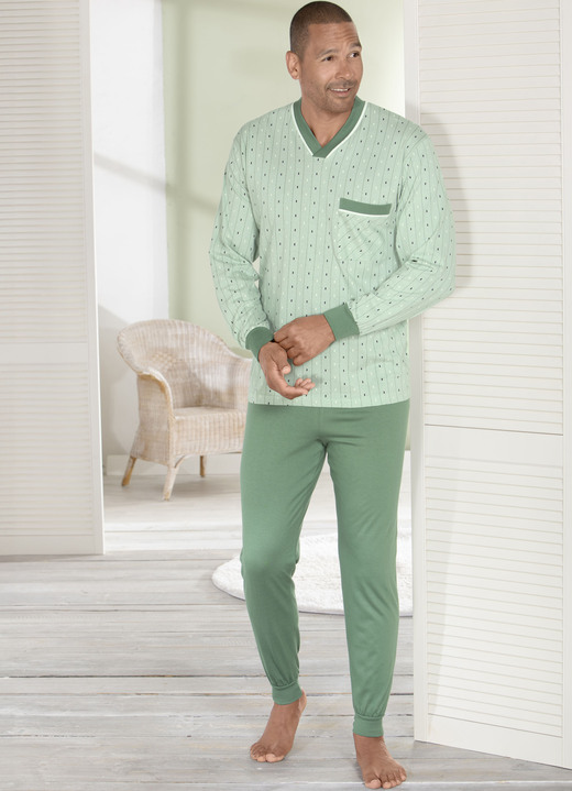 Schlafanzüge - Schlafanzug mit V-Ausschnitt und Bündchen, in Größe 046 bis 066, in Farbe INDIGOBLAU Ansicht 2