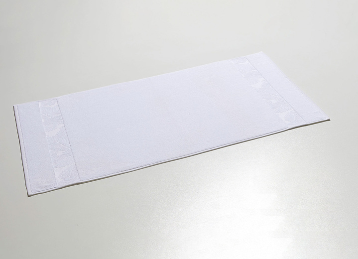 Badgarnituren - Barfußweicher Badteppich mit natürlichem Blätter-Dessin Ansicht 2 Badgarnituren - Barfußweicher Badteppich mit natürlichem Blätter-Dessin, in Farbe MANDARINE, in Ausführung Jacquard-Bordüre Ansicht 2