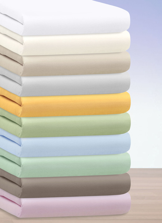 Spannbetttücher - Hochwertige Elastic-Mako-Feinjersey-Spannbetttücher, in Größe 133 (1 Spannbetttuch, 100/200 cm) bis 938 (1 Topper-Spannbetttuch,200/200 cm), in Farbe BLEU Ansicht 2