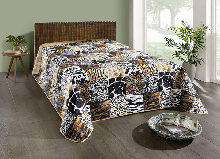 Tagesdecken - Tagesdecke in faszinierender Patchwork-Optik, in Größe 873 (Tagesdecke, 140x210 cm) bis 924 (Kissenbezug, 40x 80 cm), in Farbe BRAUN-BEIGE-SCHWARZ Ansicht 1