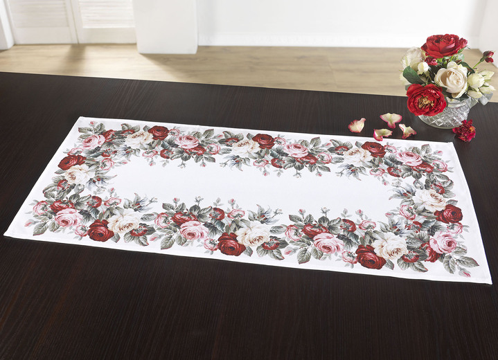 Heimtextilien - Aussdrucksstarke Tischdecke mit bezauberndem Rosen-Dessin, in Größe 130 (2 Deckchen, 35/ 50 cm) bis 404 (Kissenbezug, 40/ 40 cm), in Farbe ECRU-BUNT Ansicht 1