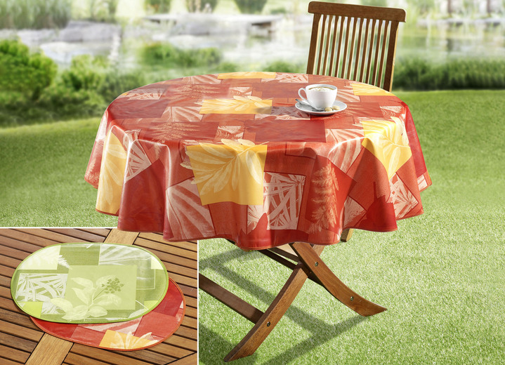 Gartentischdecken - Wachstuch-Serie mit farblich abgestimmtem Schrägband, in Größe 108 (Tischdecke, 80/ 80 cm) bis 302 (2 Platzsets, 34/ 47 cm), in Farbe TERRA Ansicht 3