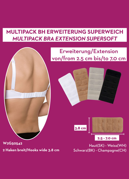 Vorderverschluss-BH - Miss Perfect Wow 2 Go Viererpack BH-Verlängerungen, in Farbe 1X WEISS, 1X SEKT, 1X PUDER, 1X SCHWARZ, in Ausführung 2 Haken (3,8 cm breit) Ansicht 2