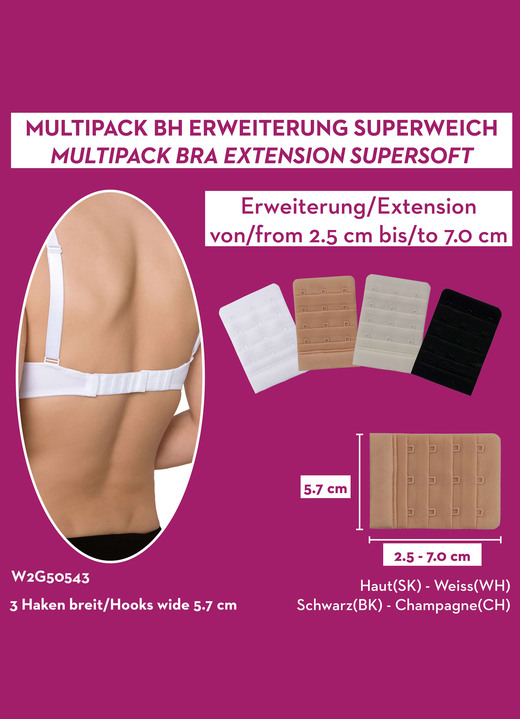 Sport-BH - Miss Perfect  Wow 2 Go Viererpack BH-Verlängerungen, in Farbe 1X WEISS, 1X SEKT, 1X PUDER, 1X SCHWARZ, in Ausführung 3 Haken (5,7 cm breit) Ansicht 2
