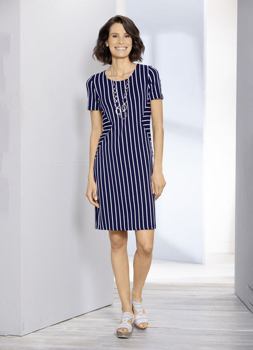 Kurzarm - Kleid in angesagter Streifenoptik, in Größe 034 bis 050, in Farbe MARINE-WEISS