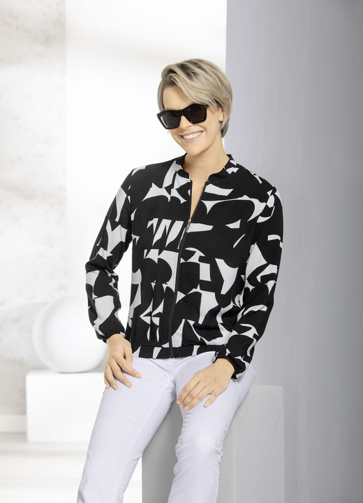 Langarm - Blusenjacke mit Stehkragen, in Größe 036 bis 052, in Farbe SCHWARZ-WEISS