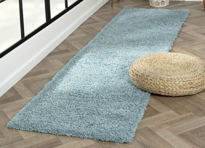 Modern - Traumhaft flauschige Brücken und Teppiche in Shaggy-Qualität Ansicht 2 Modern - Traumhaft flauschige Brücken und Teppiche in Shaggy-Qualität, in Größe 111 (Brücke 60x90 cm) bis 304 (Teppich rund ø 150 cm), in Farbe HELLBLAU Ansicht 2