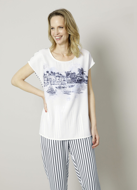 Kurzarm - Schlupfbluse mit glitzernder Steinchendeko, in Größe 038 bis 052, in Farbe WEISS-MARINE Ansicht 2