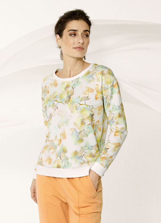 Damen - Sweatshirt mit Rundhalsausschnitt, in Größe 038 bis 052, in Farbe ECRU-ORANGE-GRÜN Ansicht 1