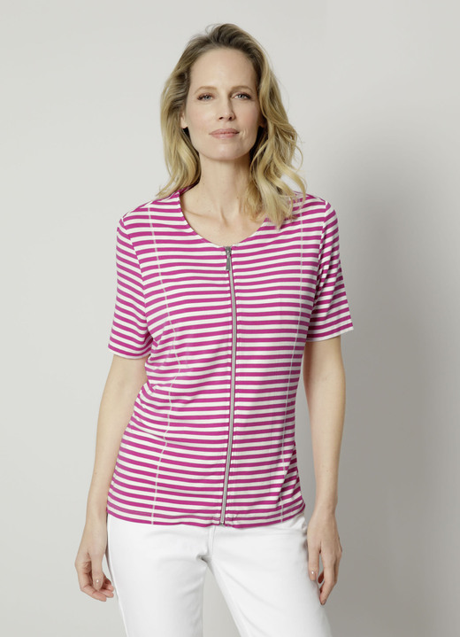 Shirts - Shirtjacke mit garngefärbtem Ringeldessin, in Größe 038 bis 052, in Farbe FUCHSIA-WEISS Ansicht 2