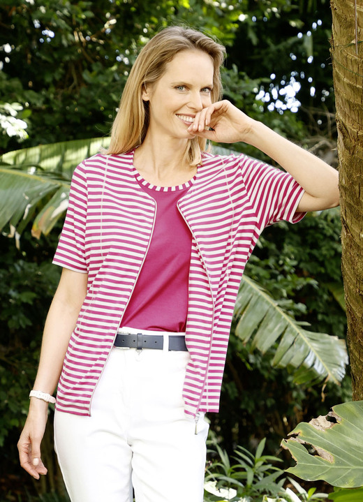 Shirts - Shirtjacke mit garngefärbtem Ringeldessin, in Größe 038 bis 052, in Farbe FUCHSIA-WEISS Ansicht 1