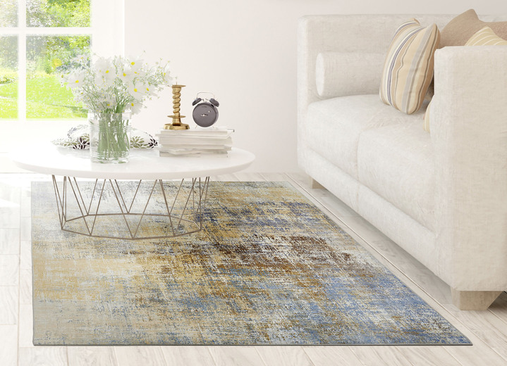Modern - Kombistarke Brücken und Teppiche mit flachem Flor, in Größe 113 (Brücke, 80x150 cm) bis 282 (Teppich, 200x290 cm), in Farbe GELB-BLAU Ansicht 1
