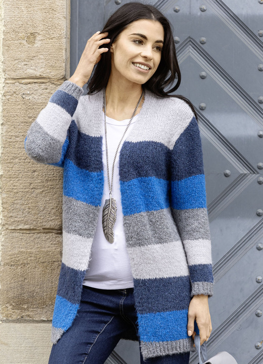 Strickjacken - Strickjacke in Color-Blocking, in Größe L(44/46) bis XXL(52/54), in Farbe GRAU-MARINE-AZURBLAU Ansicht 2