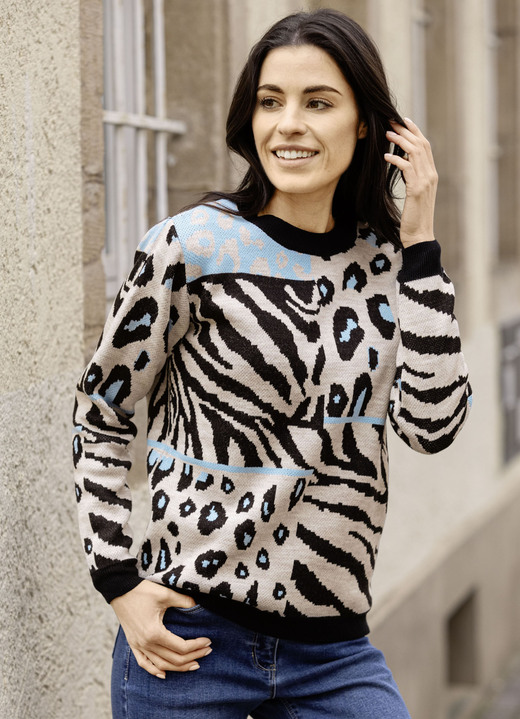 Langarm - Pullover in Jacquard-Dessin Langarm - Pullover in Jacquard-Dessin, in Größe L(44/46) bis XS(32/34), in Farbe SCHWARZ-BEIGE-HELLBLAU