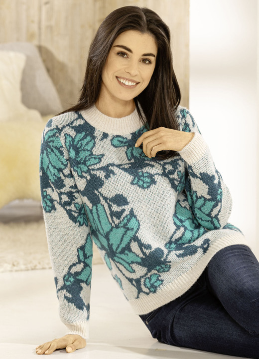 Langarm - Pullover in Jacquard-Dessin Ansicht 3 Langarm - Pullover in Jacquard-Dessin, in Größe 036 bis 050, in Farbe CREME-PETROL-AQUA Ansicht 3