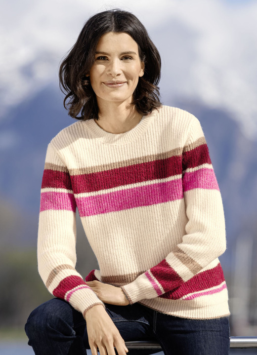 Langarm - Pullover aus sehr flauschigem Garn, in Größe L(44/46) bis XS(32/34), in Farbe ECRU-PINK-ROT Ansicht 3