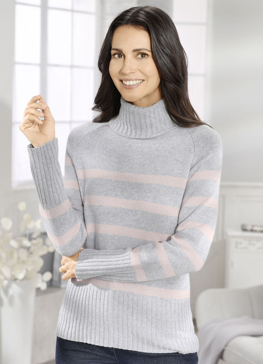 Langarm - Pullover mit Kaschmir Langarm - Pullover mit Kaschmir , in Größe 036 bis 052, in Farbe GRAU MELIERT-ROSÉ