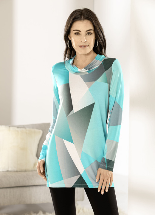Langarm - Longshirt mit legerem Rollkragen, in Größe 036 bis 052, in Farbe EISBLAU-ECRU-GRAU Ansicht 2