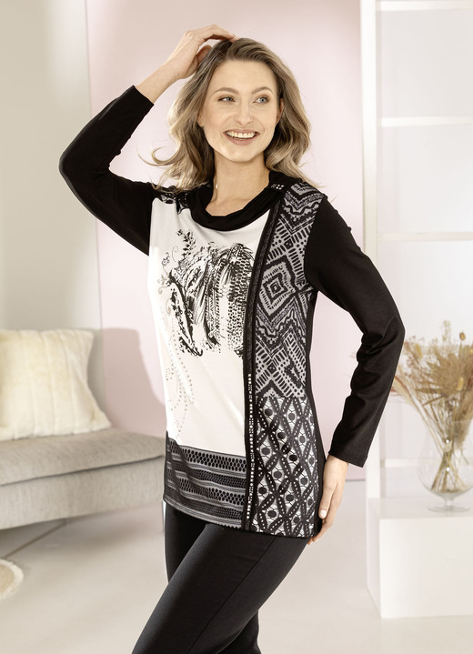 Langarm - Shirt mit plaziertem Foliendruck Ansicht 2 Langarm - Shirt mit plaziertem Foliendruck, in Größe 036 bis 052, in Farbe SCHWARZ-ECRU Ansicht 2