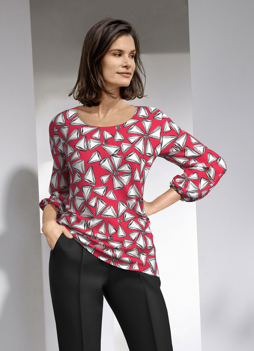 3/4-Arm - Shirt mit farbbrillantem Druck, in Größe 040 bis 052, in Farbe ROT-WEISS-SCHWARZ