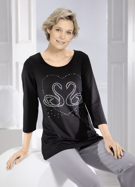 3/4-Arm - Shirt mit edler Strasszier, in Größe 038 bis 052, in Farbe SCHWARZ Ansicht 1