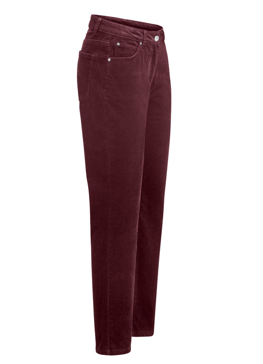 Hosen mit Knopf- und Reißverschluss - Samtweiche Hose in 5-Pocket-Form Hosen mit Knopf- und Reißverschluss - Samtweiche Hose in 5-Pocket-Form, in Größe 017 bis 050, in Farbe BORDEAUX